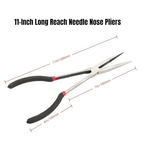 11-Inch Long Reach Needle Nose Pliers ，Straight Needle Nose Pliers with Milled Jaws & Non-Slip Grips for Mechanics, Electricians, and Home Repairs