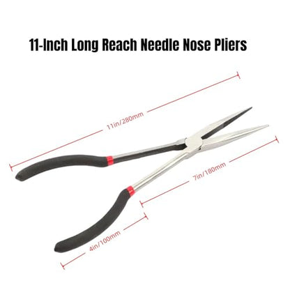 11-Inch Long Reach Needle Nose Pliers ，Straight Needle Nose Pliers with Milled Jaws & Non-Slip Grips for Mechanics, Electricians, and Home Repairs