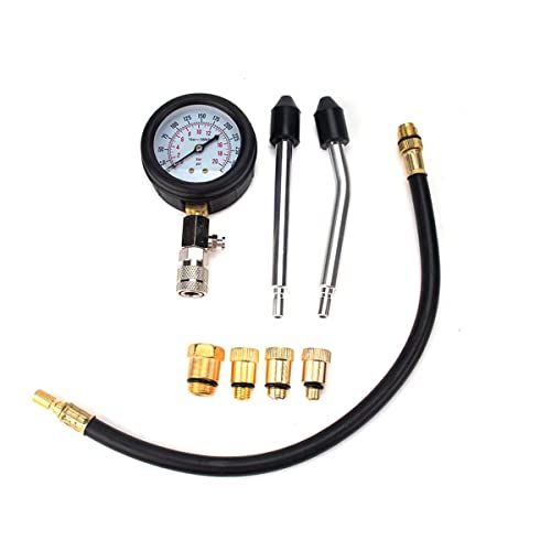 8PCS Compression Tester Kit 0-300 PSI Petrol Gas Engine Cylinder Pressure Gauge Automotive Tool for Motorcycle Car Truck (Black) - color: Black