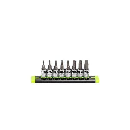 GRIPEDGE HEX Bit Socket Set | 8-PC - 1/4'' Drive Short Metric RPT Hex Driver Set | Sizes 1.5MM - 7MM | Made With S2 Steel | Includes Premium Aluminum Storage Rail |