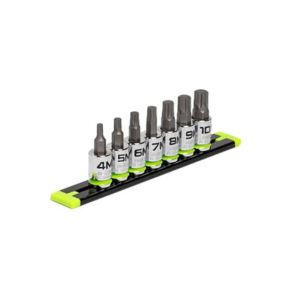 GRIPEDGE HEX Bit Socket Set | 7-PC - 3/8'' Drive Short Metric RPT Hex Driver Set | Sizes 4MM - 10MM | Made With S2 Steel | Includes Premium Aluminum Storage Rail |