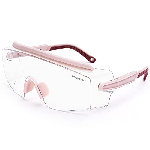 UKNOW Safety Goggles Over Glasses, Anti Fog Safety Glasses with Clear Wraparound Lens, ANSI Z87.1 Protective Eyewear - color: Pink