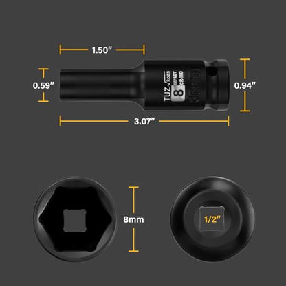 1/2 Inch Drive 8mm Deep Metric 6 Point CR-MO Impact Socket | Radius Corner Design,Square Chamfered Opening,Axle Nut Impact Grade Socket for Easy Removal - size: 1/2” Drive 8mm Deep, style: 1/2" Drive Deep Socket