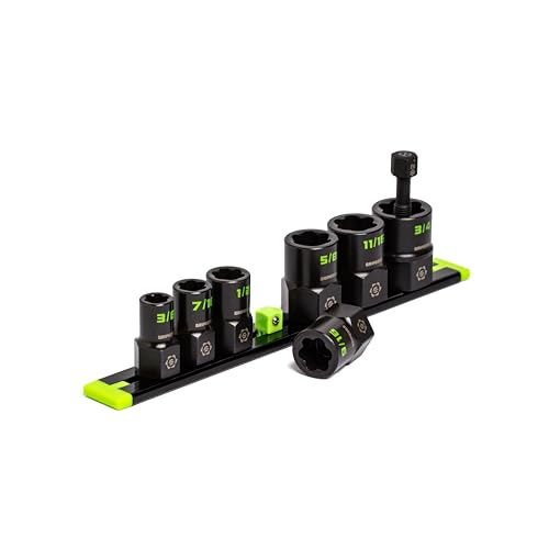 GRIPEDGE Tools | 7-PC – 3/8'' Drive SAE RPT Socket Extractor Set | Sizes 3/8'' – 3/4'' | Removes Broken Studs, Stripped Bolts and Lug Nuts | Includes Premium Aluminum Socket Rail|