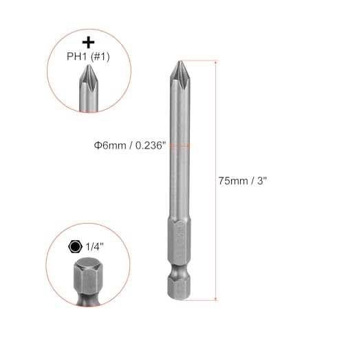 HARFINGTON 5pcs #1 Phillips Screwdriver Bit PH1 1/4" Hex Shank 3" (75mm) Long Magnetic S2 Steel Industrial Grade Screw Driver Bit Cross Head Electric Drill Bits 0.236" (6mm) Rod - size: PH1 x 75mm x 6mm