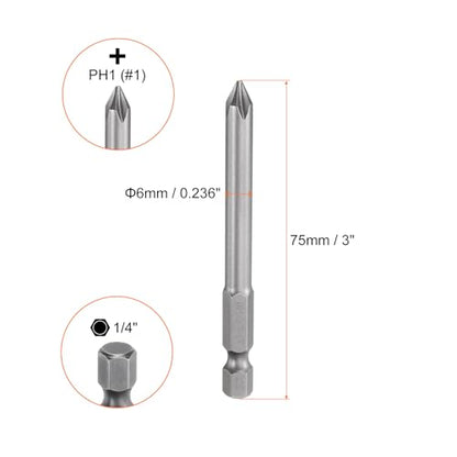 HARFINGTON 5pcs #1 Phillips Screwdriver Bit PH1 1/4" Hex Shank 3" (75mm) Long Magnetic S2 Steel Industrial Grade Screw Driver Bit Cross Head Electric Drill Bits 0.236" (6mm) Rod - size: PH1 x 75mm x 6mm