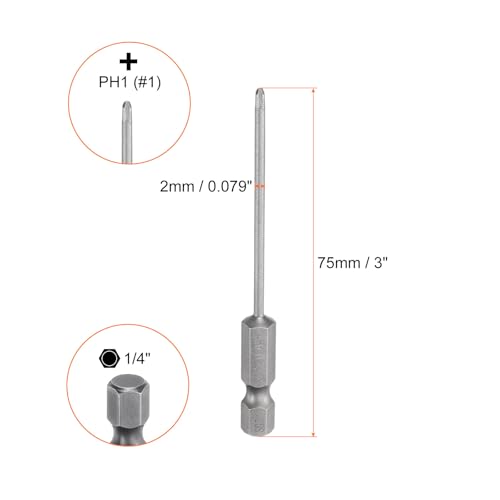 HARFINGTON 5pcs #1 Phillips Screwdriver Bit PH1 1/4" Hex Shank 3" (75mm) Long Magnetic S2 Steel Industrial Grade Screw Driver Bit Cross Head Electric Drill Bits 0.079" (2mm) Rod - size: PH1 x 75mm x 2mm