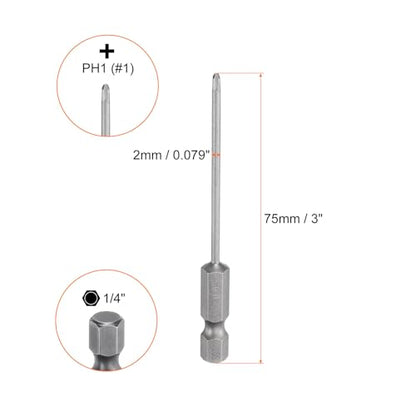 HARFINGTON 5pcs #1 Phillips Screwdriver Bit PH1 1/4" Hex Shank 3" (75mm) Long Magnetic S2 Steel Industrial Grade Screw Driver Bit Cross Head Electric Drill Bits 0.079" (2mm) Rod - size: PH1 x 75mm x 2mm