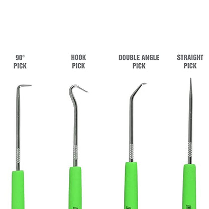 OEMTOOLS 26535 4 Piece Hook and Pick Set, Green Handled Pick Tool Set, Tool Hooks for Precision Projects, O Ring Pick Set, 4 Hook Tool Kit - size: 4-pc Mini Hook Set