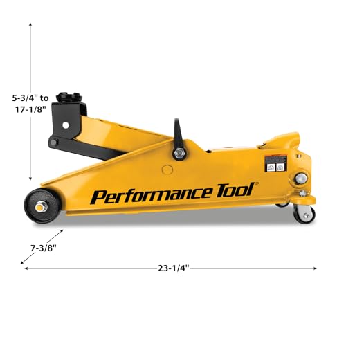 Performance Tool W1619 3 Ton Trolley Jack and Jack Stands: 6000 lb Capacity, 5.75-17.125-in Lift, 11.25-16.75-in Height Ratchet-Style Jack Stands, Swivel Casters and Steel Wheels, High-Viz Yellow
