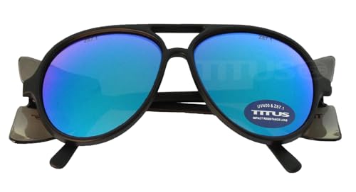 TITUS G35 Retro Aviator Z87 DOT ANSI CE Approved Safety Glasses | W/Protective Side Shields, UV400 Polycarbonate Lenses, Flexible Nylon Stems, Eye Protection, Sunglasses, Motorcycle, Shooting - color: Blue Cloud Rev Mirror Over Smoke