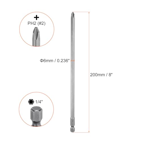 HARFINGTON 5pcs #2 Phillips Screwdriver Bit PH2 1/4" Hex Shank 8" (200mm) Long Magnetic S2 Steel Industrial Grade Screw Driver Bit Cross Head Electric Drill Bits 0.236" (6mm) Rod - size: PH2 x 200mm x 6mm