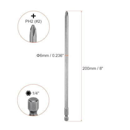 HARFINGTON 5pcs #2 Phillips Screwdriver Bit PH2 1/4" Hex Shank 8" (200mm) Long Magnetic S2 Steel Industrial Grade Screw Driver Bit Cross Head Electric Drill Bits 0.236" (6mm) Rod - size: PH2 x 200mm x 6mm