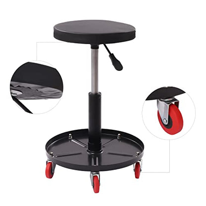 Heavy Duty Roller Seat, Pneumatic Mechanic Roller Seat, 2” Thick Padded Cushion, Adjustable Rolling Stool Chair Swivel w/Tool Tray, for Garage, Workshop and Auto Repair Shop, 300lbs (Black)