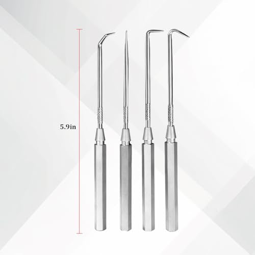 4PCS Precision Car Hook and Pick Set, Steel Leather Vehicle Pick Hook Puller Remover with Aluminum Handle, Automotive Puller Tools for O-Rings ＆ Oil Seals, Universal Fit