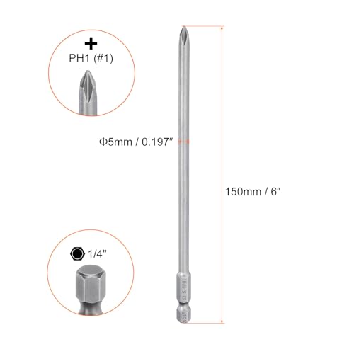 HARFINGTON 5pcs #1 Phillips Screwdriver Bit PH1 1/4" Hex Shank 6" (150mm) Long Magnetic S2 Steel Industrial Grade Screw Driver Bit Cross Head Electric Drill Bits 0.197" (5mm) Rod - size: PH1 x 150mm x 5mm