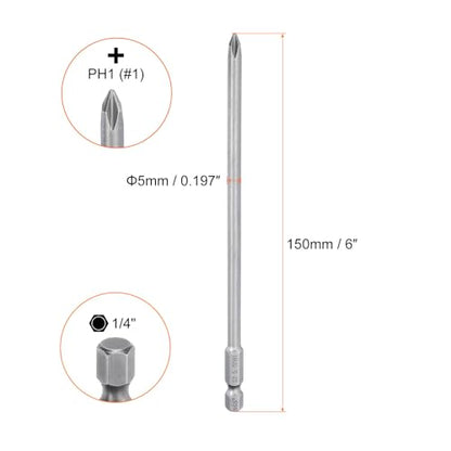 HARFINGTON 5pcs #1 Phillips Screwdriver Bit PH1 1/4" Hex Shank 6" (150mm) Long Magnetic S2 Steel Industrial Grade Screw Driver Bit Cross Head Electric Drill Bits 0.197" (5mm) Rod - size: PH1 x 150mm x 5mm