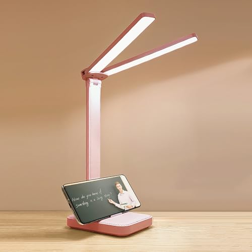 LED Double Head Desk Lamp, Rechargeable Portable Table Lamp, Adjustable Light Color and Brightness, USB Powered, LED Light for Work, Reading, Emergency (Pink) - color: Pink