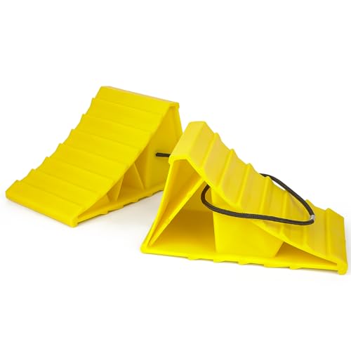 Wheel Chocks with Rope, Heavy Duty Non-Slip Tire Chocks for Trailer Camper Truck Car, Bright Yellow Lightweight Wheel Blocks Fit Tires Up to 26", 2 Pack - size: 2pcs