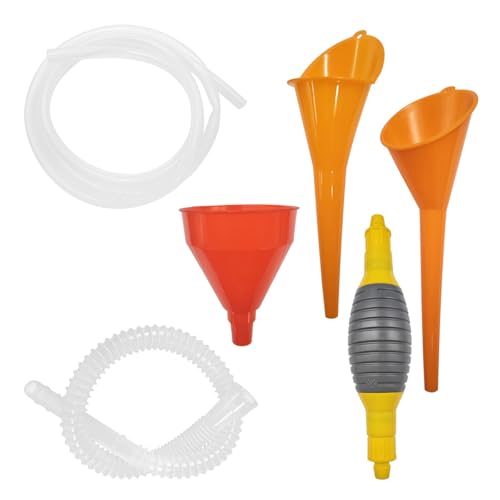 3PCS Automotive Funnels Set, Wide Mouth Plastic Fuel Funnel with Long Neck, Flexible Right Angle Funnel with Detachable Spout, Filter, Hand Siphon Pump, for Gasoline/Coolant/Engine Oil (Orange)