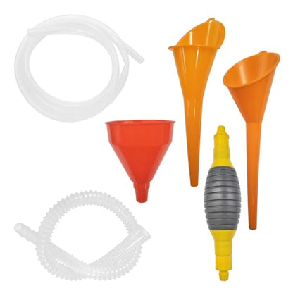 3PCS Automotive Funnels Set, Wide Mouth Plastic Fuel Funnel with Long Neck, Flexible Right Angle Funnel with Detachable Spout, Filter, Hand Siphon Pump, for Gasoline/Coolant/Engine Oil (Orange)