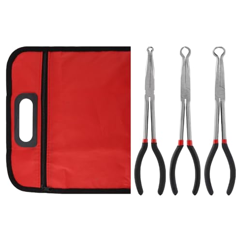 3pcs Long Reach Hose Grip Pliers Set, 11" Long Pliers, 3/8-Inch, 1/2-Inch, 3/4-Inch Dia, Offset Spark Plug Boot Removal Plier Serrated Jaws for Hard to Reach Narrow Space(COLOR:black red)
