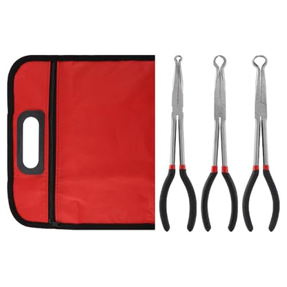 3pcs Long Reach Hose Grip Pliers Set, 11" Long Pliers, 3/8-Inch, 1/2-Inch, 3/4-Inch Dia, Offset Spark Plug Boot Removal Plier Serrated Jaws for Hard to Reach Narrow Space(COLOR:black red)
