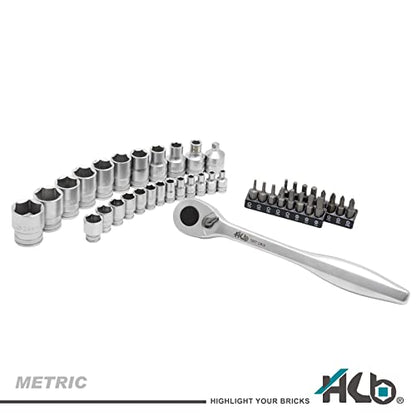 HB 120P 1/4 and 1/2-Inch Drive Sealed Head Ratchet Handle, Made in Taiwan, with portable storage rack 42-piece Socket set AKM008-U - size: 42PC 1/4" 1/2" DR. (120T)