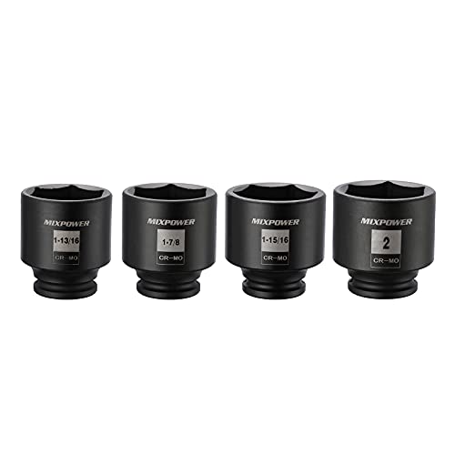 MIXPOWER 1/2-Inch Drive Impact Socket Set, Inch, Cr-Mo, 6 Point, 1-13/16",1-7/8", 1-15/16", 2", 4-Piece 1/2" Dr. Spindle Axle Nut Impact Socket Set, Impact Grade - size: Shallow