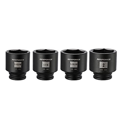 MIXPOWER 1/2-Inch Drive Impact Socket Set, Inch, Cr-Mo, 6 Point, 1-13/16",1-7/8", 1-15/16", 2", 4-Piece 1/2" Dr. Spindle Axle Nut Impact Socket Set, Impact Grade - size: Shallow