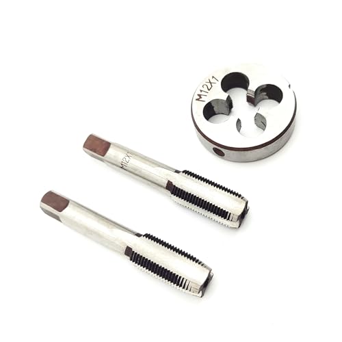 AtticZone M12 x 1.0 Metric Hand Thread Tap and Die Set, Right Hand 12 * 1.0, Alloy Tool Steel, 1 Taper Tap, 1 Plug Tap, 1 Round Die for Metal Working DIY Industrial - size: M12x1.0