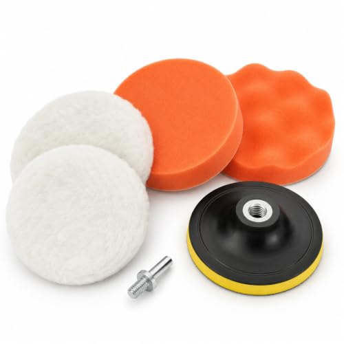 6Pcs 3" Wool Polishing Pad Kit with M10 Drill Adapter, Drill Buffer Attachment for Car Polishing Waxing, Foam Buffing Pads Set for Auto Detailing, Headlight Restoration, Metal Wood Resin Glass Surface