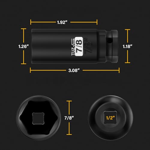1/2 Inch Drive 7/8 Inch Deep SAE 6 Point CR-MO Impact Socket | Radius Corner Design,Square Chamfered Opening,Axle Nut Impact Grade Socket for Easy Removal - size: 1/2” Drive 7/8 Deep, style: 1/2" Drive Deep Socket
