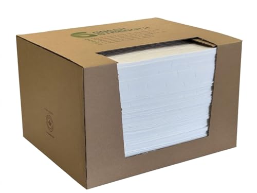 GreenStrength Oil Spill Absorbent Pads (100-Pack) 16"x18" Heavy Duty Hydrophobic Oil-Only - High Absorbency, Floats on Water - Ideal for Garage, Shop, Marine & Industrial Leaks, Made in Canada