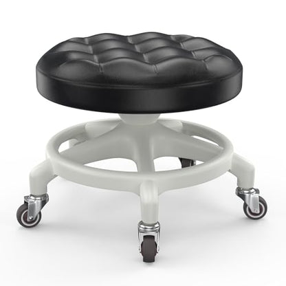 Upgraded Low-Profile Rolling Stool with 360° Smooth Rubber Wheels – Heavy-Duty 450lbs, Puffed PU Seat & Anti-Tip Base | Ideal for Home, Office, Salon, Workshop, Mechanic, Garage, White - style: Puffed Black Seat White Frame