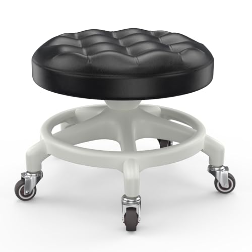 Upgraded Low-Profile Rolling Stool with 360° Smooth Rubber Wheels – Heavy-Duty 450lbs, Puffed PU Seat & Anti-Tip Base | Ideal for Home, Office, Salon, Workshop, Mechanic, Garage, White - style: Puffed Black Seat White Frame
