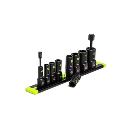 GRIPEDGE Tools | 9-PC - 1/4'' Drive Metric RPT Socket Extractor Set | Sizes 4 – 12 MM | Removes Broken Studs, Stripped Bolts and Lug Nuts | Includes Premium Aluminum Socket Rail|