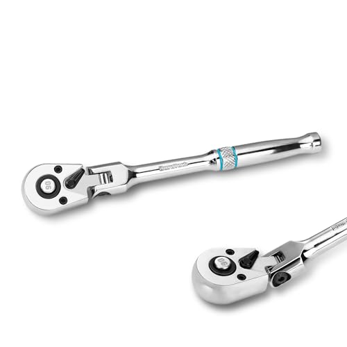DURATECH 1/4-Inch Drive Flex-Head Ratchet, 90-Tooth Quick-Release Ratchet Wrench with 180° Pivoting Head and 7-Position Setting, Reversible, CR-V Made, CR-MO Head, 4° Swing, Full Polished, Men Gifts - size: 1/4"(Polished)