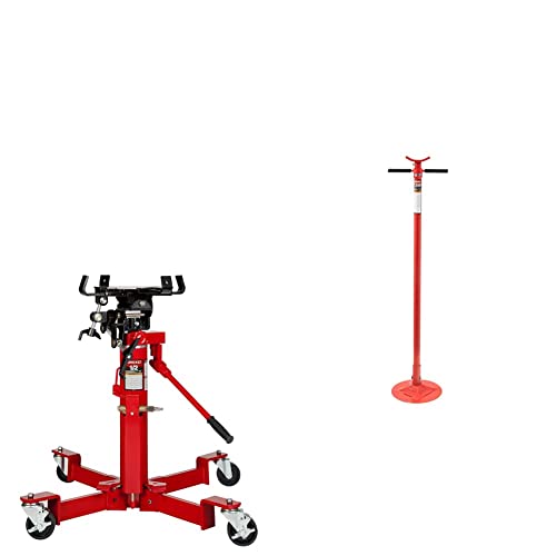 Sunex 7796 1000-Pound Air and Hydraulic Telescopic Transmission Jack & Sunex 6809A, Underhoist Support Stand, ¾ Ton Capacity, 12 Inch Diameter Base, Contoured Saddle, Bearing Mounted Spin Handle