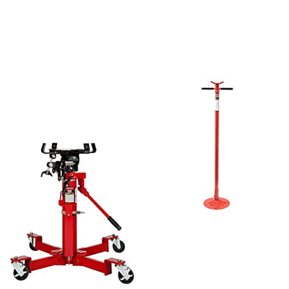 Sunex 7796 1000-Pound Air and Hydraulic Telescopic Transmission Jack & Sunex 6809A, Underhoist Support Stand, ¾ Ton Capacity, 12 Inch Diameter Base, Contoured Saddle, Bearing Mounted Spin Handle