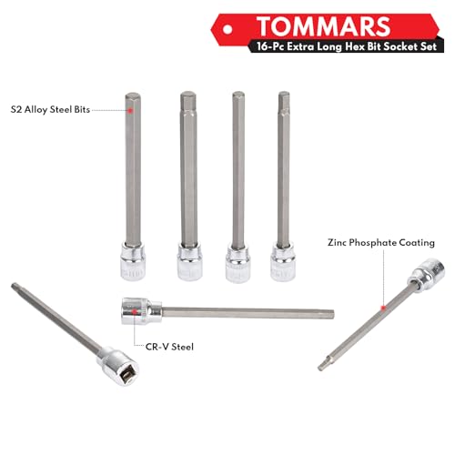 TOMMARS 16-Pc Long Hex Bit Socket Set CR-V and S2 Steel, SAE & Metric | SAE & Metric 1/8-3/8 in., 3-10 mm. Extra Long Allen Socket Set - style: 3-10mm,1/8"-3/8"(16PCS)