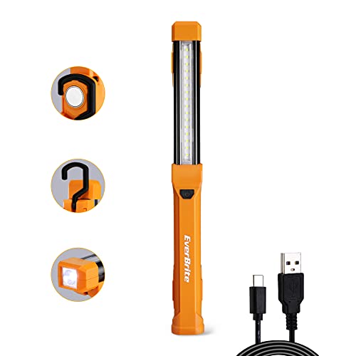 EverBrite 1000LM LED Work Light, Rechargeable Work Light for Mechanics with Dual Magnetic Bases&Hanging Hooks, 4 Lighting Modes, USB C Cable, for Car Repairing, Working, and Hurricane, Pack of 1 - color: Orange