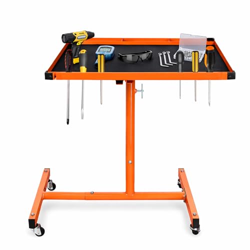 A A IN Mechanics Rolling Work Table, Adjustable Mobile Tray Table for Shop, Garage, DIY. Tool Tray Cable with Wheels. 220 lb. Capacity, Orange | Adjust Height 37.7-45 in, Heavy-Duty Big Tray Tool Table with Rubber Pad, Smooth mobility, for repair shops, D