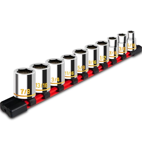 10 PCS 3/8-Inch Drive Shallow Socket Set, Standard SAE, 5/16"- 7/8", 6 Point, Embossed and Painted Marking, Mirror Chrome Finish,Cr-V Steel With Rail - size: SAE (5/16"-7/8")