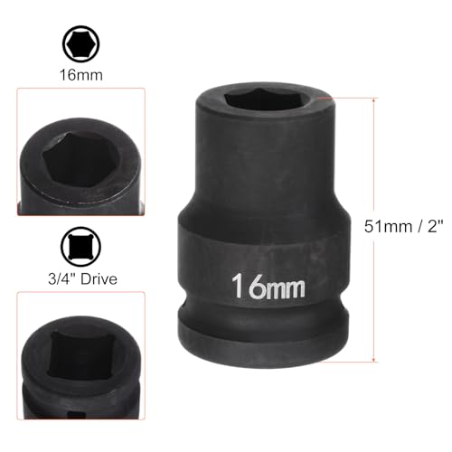 HARFINGTON 6-Point Impact Socket 3/4" Drive 16mm Metric 40Cr Alloy Steel Spindle Axle Nut Impact Socket - size: 16mm