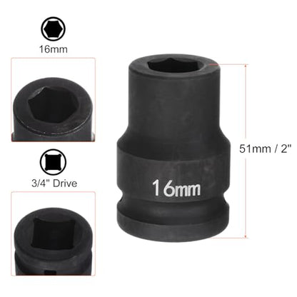 HARFINGTON 6-Point Impact Socket 3/4" Drive 16mm Metric 40Cr Alloy Steel Spindle Axle Nut Impact Socket - size: 16mm