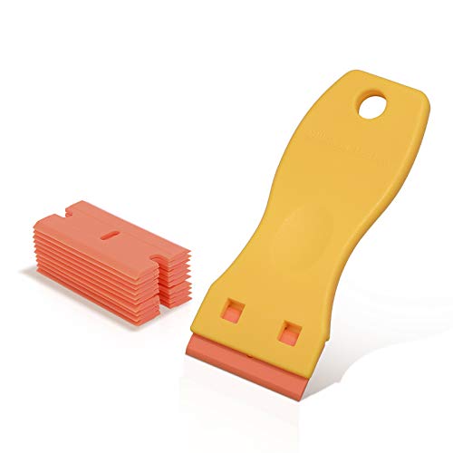 EHDIS 1.5" Plastic Razor Scraper Tool with 10pcs Double Edged Blades for Adhesive Remover,Removing Labels Stickers Decals Taping on Glass Windows(Yellow) - color: Yellow