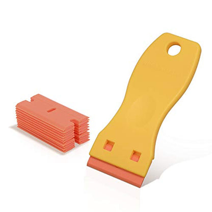 EHDIS 1.5" Plastic Razor Scraper Tool with 10pcs Double Edged Blades for Adhesive Remover,Removing Labels Stickers Decals Taping on Glass Windows(Yellow) - color: Yellow