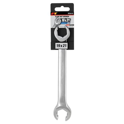 Performance Tool W30419 19 mm x 21 mm Metric Flare Nut Wrench | Automotive line wrench. 15 degree offset. Drop forged chrome alloy steel. Polished nickel chrome finish - size: 19mm x 21mm Flare Nut Wrench