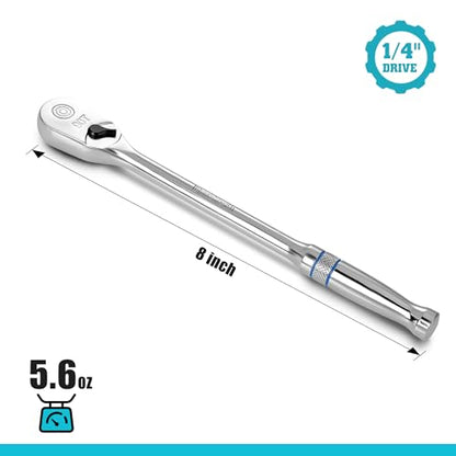 DURATECH Extra Long Handle 1/4-Inch Drive Ratchet, 90-Tooth Ratchet Wrench with 8" Handle and Dust Proof Teardrop Enclosed Head, Reversible, CR-V Steel Made, CR-MO Head, Full Polished, Gifts for Men - size: 1/4" with 8" handle